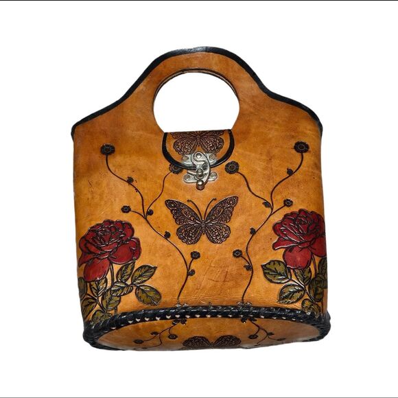 60s boho cottagecore butterfly roses tooled leather bag - Picture 1 of 6